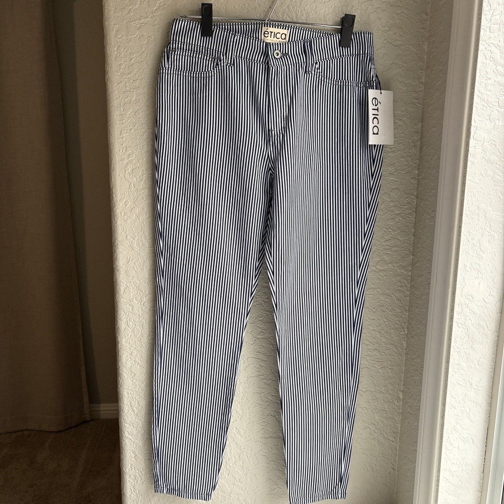 Etica Womens Stripe Jeans Size 3 Mid Rise‎ Organic Cotton Navy White Railroad